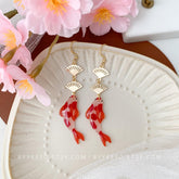 Koi Fish Dangle Earrings, Goldfish Earrings, Fish and Fan Dangle Earrings, Japanese Fan and fish Earrings